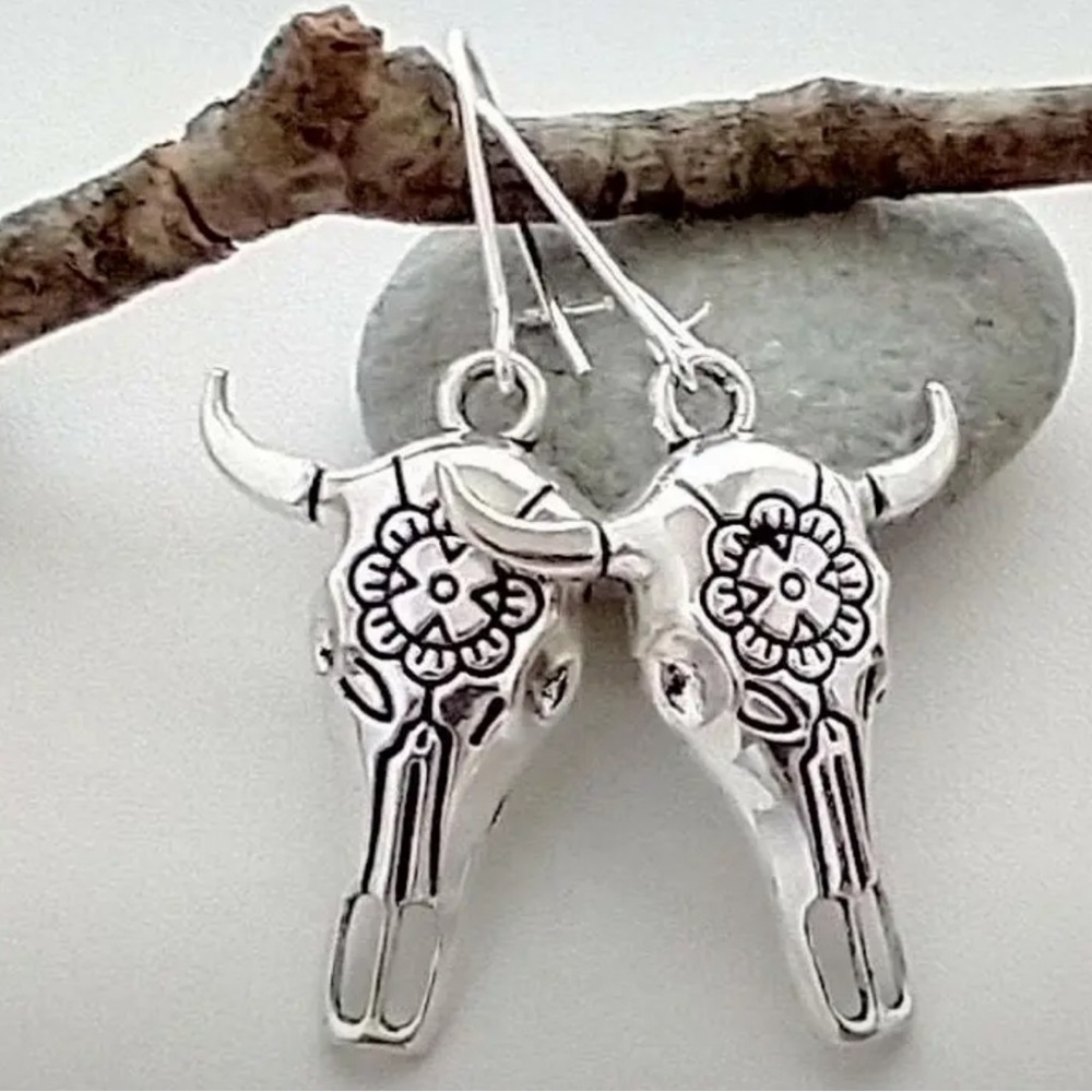 Floral Carved Bull Skull Earrings